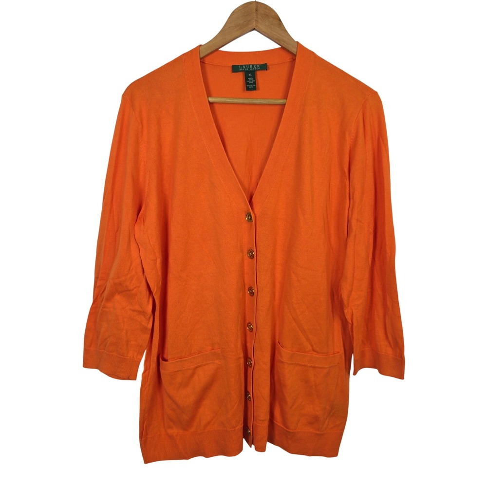Lauren Ralph Lauren Womens XL Orange Cotton V-Neck 3/4 Sleeve Button Cardigan